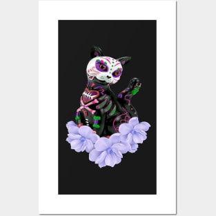 Day Of The Dead Sugar Skull Cat Purple Flowers Posters and Art